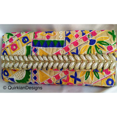 Beige Fabric Clutch Purse With Floral Embroidery In Green, Yellow, Blue And Pink & Pearl Beads Detail, Wedding Clutch, Boho Clutch